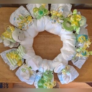Handmade Diaper Wreath Baby Shower Gift Gender Neutral Green & Yellow Frog Theme